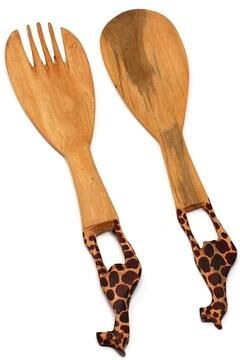 Global Crafts Hand-Carved Safari Animal Wooden Salad Serving Set
