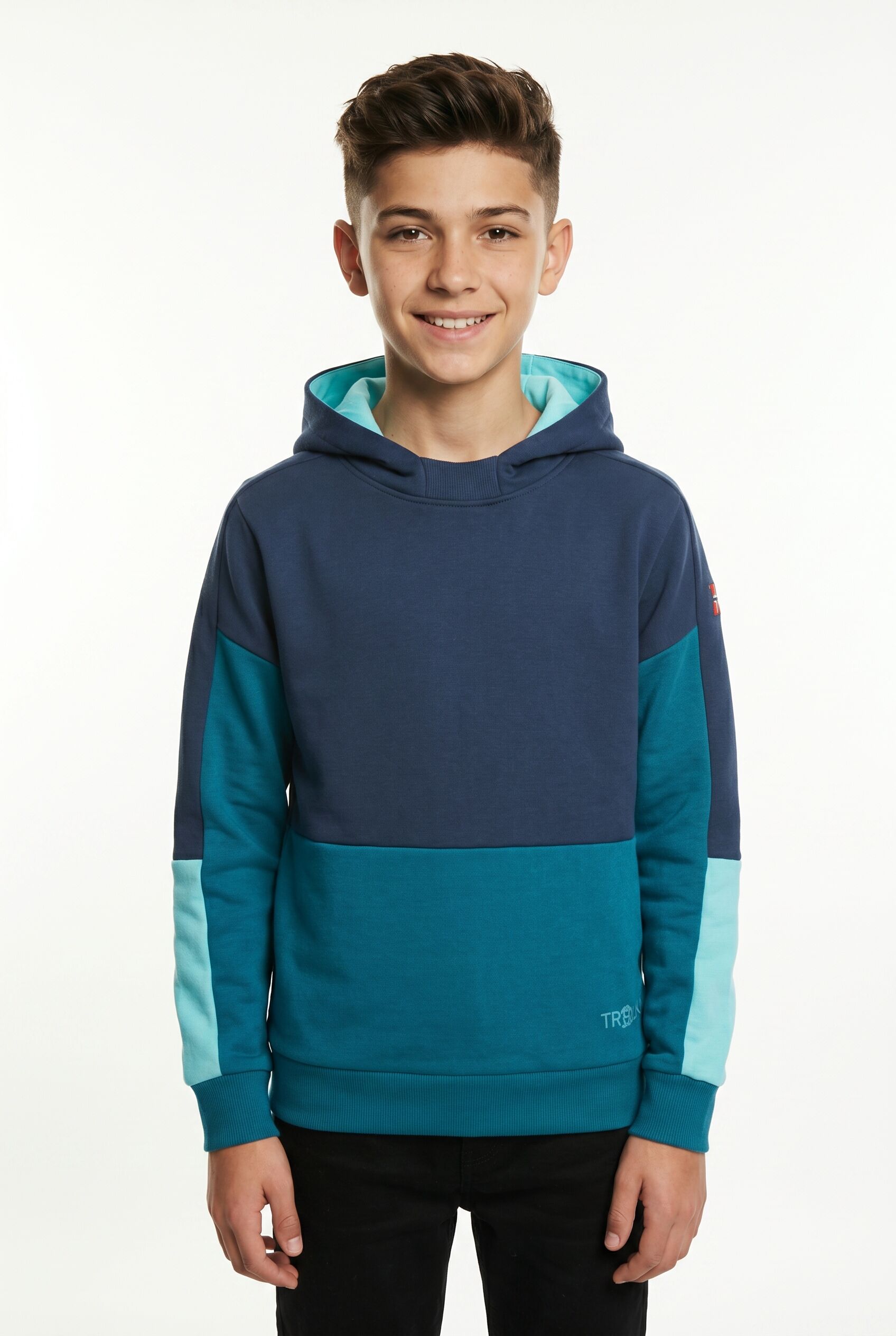 Kapuzensweatshirt TROLLKIDS "KIDS RONDANE SWEATER", Mädchen, Gr. 116, blau (blau, multi), Sweatware, Obermaterial: 100% Baumwolle, Rippbündchen, Sweatshirts Kapuzensweatshirt, sportlich, mit farblich passender Fütterung blau, multi 116