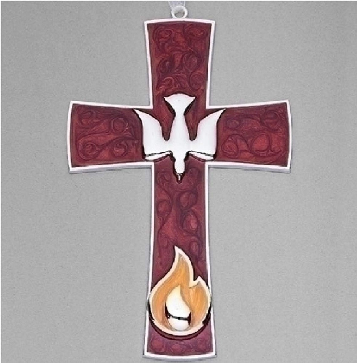 Muurkruis met duif en vlam iconen voor religieuze decoratie, Hoogte: 18 cm