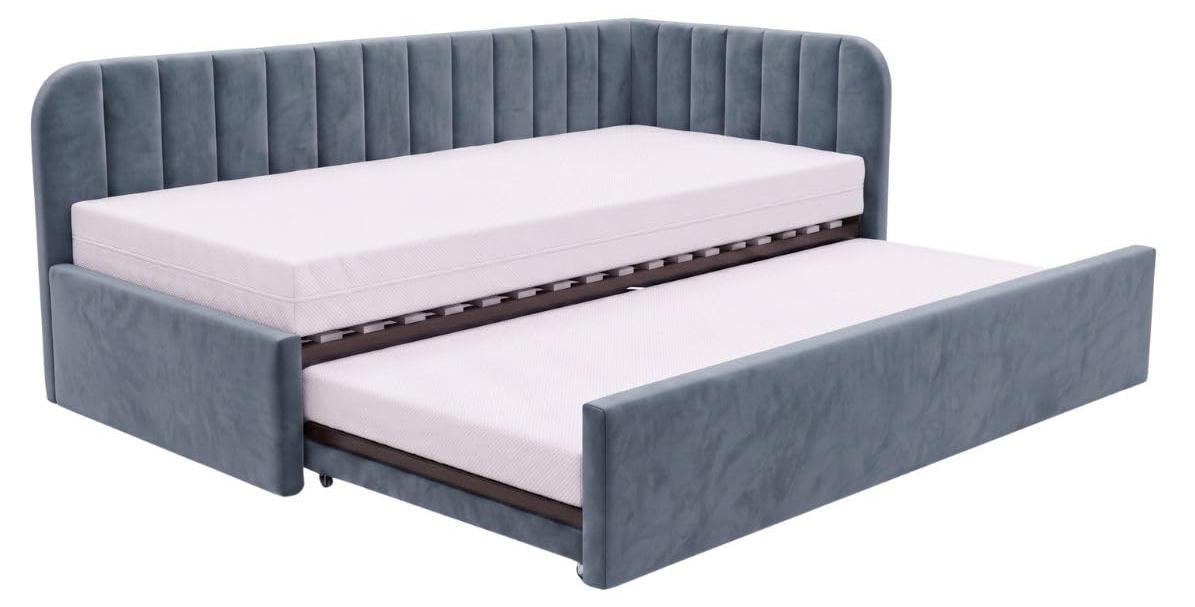 Kinderbett Alvin 02 90x200 - Jugendbett mit einer Schublade und zwei Liegeflächen - Einer Matratze T28-30 - Weich Riviera-Stoff - Blau, Rechte