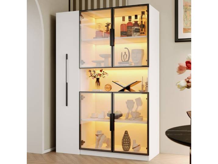ROVRYN Vitrine 110 x 35 x 160 cm avec LED multicolore rangement latéral coulissant MDF blanc