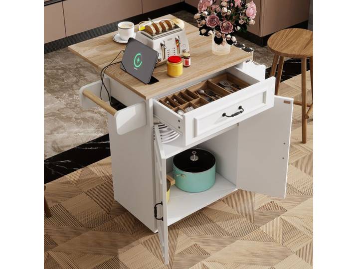 Îlot de Cuisine sur Roulettes Plan de Travail Rabattable Desserte avec Tiroir et Rangement Épices MDF