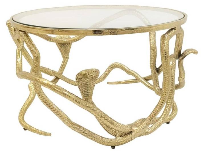 Table basse VIPEREA ronde 67 cm dorée avec serpents en aluminium et verre trempé