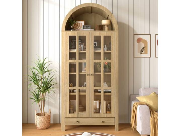 Armoire Vitrine Cintrée-Meuble de Rangement- Armoire de Rangement Haute-3 étagères réglables-2 Portes vitrées-1 Tiroirs-Naturel