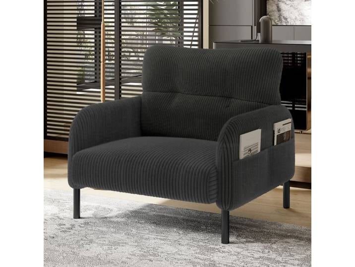 Fauteuil - SOGEU - Fauteuil Salon - Gris anthracite - Velours côtelé - Assise profonde