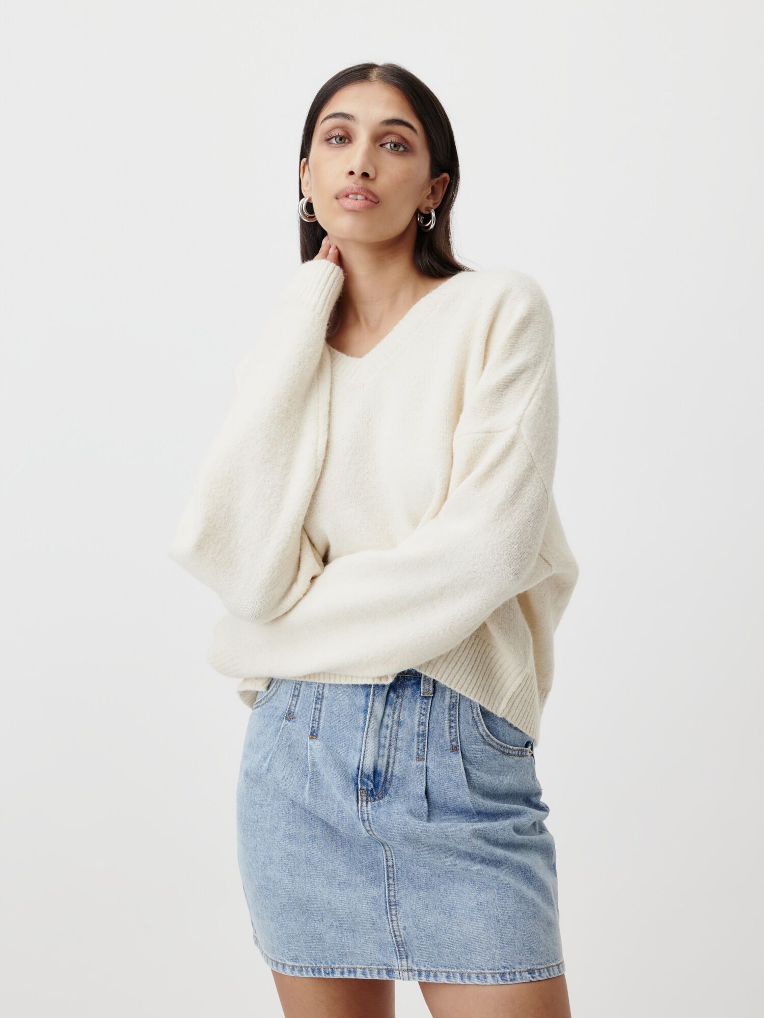 Strickpullover LEGER "Halina, LeGer by Lena Gercke", Damen, Gr. 34, weiss (creme), Strick, Obermaterial: 85% Polyester, 12% Polyacryl, 3% Elasthan, unifarben, loose fit taillenbedeckt, Rundhals, eingesetzt Rippstrickbündchen, Pullover Strickpullover, Loos