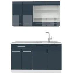 Vichy, Regal, Singleküche Fame-Line, Dunkelblau Hochglanz/Weiss, 140 cm, AP Marmor (140 x 60 x 81.60 cm)