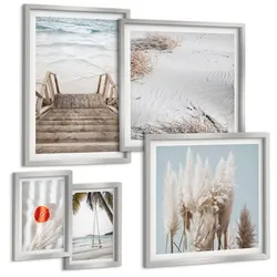 BILDER SET 5er Set - 50x50 cm & 20x30 cm & 40x60 cm Silberner Rahmen - Strandatmosphäre dank hölzerner Treppen.