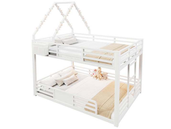 Modfu Etagenbett Metall & MDF 140x200 cm Weiß mit LED-Beleuchtung, Hausbett-Design und Stofftaschen, 140x200 cm, Babymöbel & Kindermöbel, Kinderzimmer & Jugendzimmer, Stockbetten