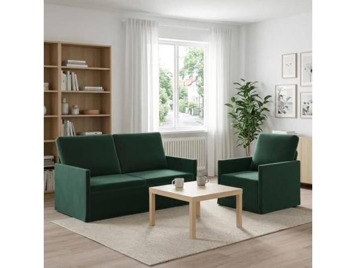 Sofa-Set 2 pcs Dunkelgrün Samt Metallrahmen Kissenrücken-Design, Schaum-Faser-Füllung, Innenbereich, Wohnzimmer, Arbeitszimmer