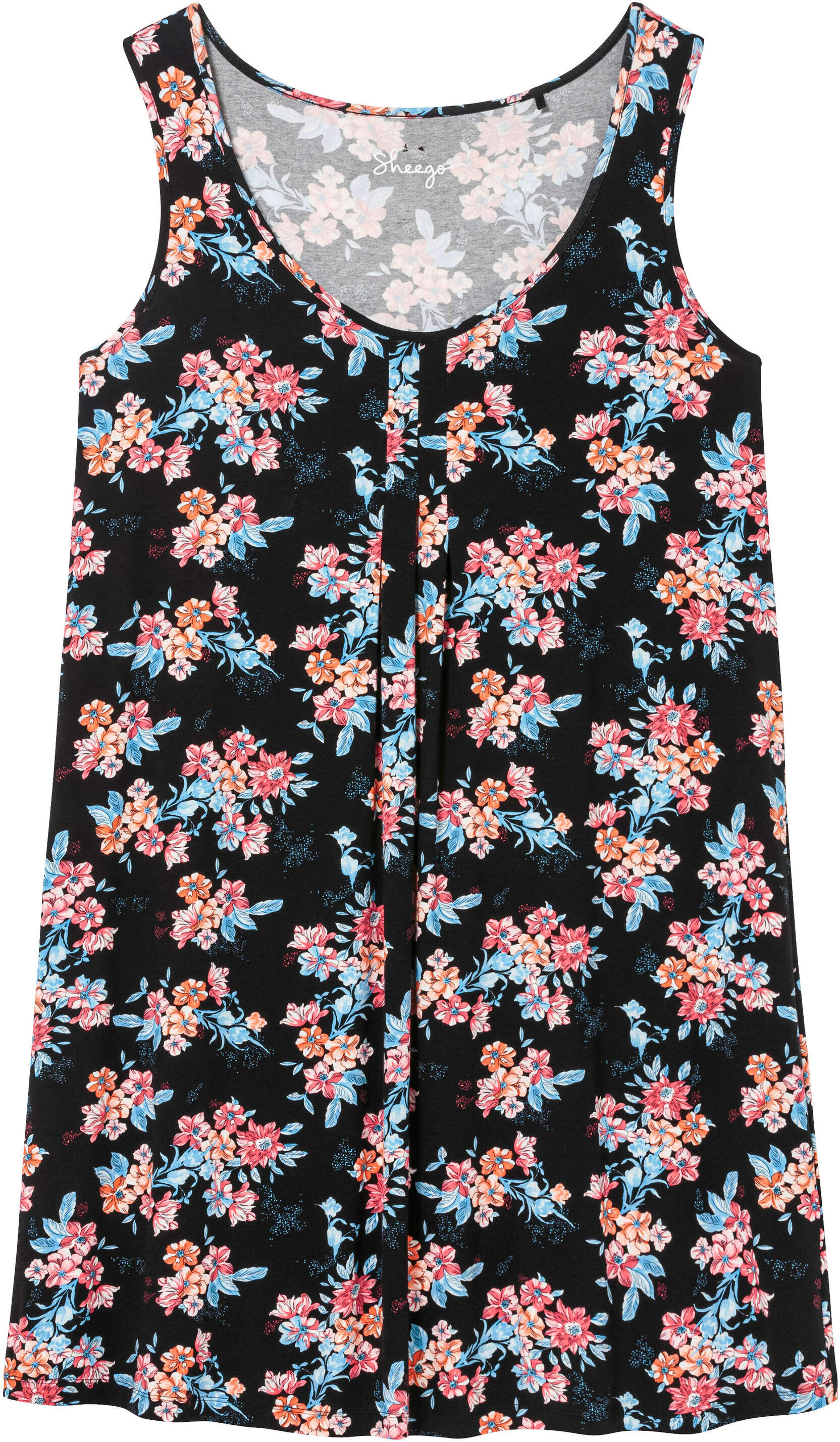 Strandkleid SHEEGO "Strandkleid Strandkleid mit Grafikprint", Damen, Gr. 44, schwarz, bunt, Modisch, Rundhals, Kleider Strandkleid, mit Kellerfalte vorn