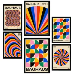 POSTER Set Mit 6 Geometrische Bauhaus Farben & Formen A3 & A4 Schwarzer Rahmen
