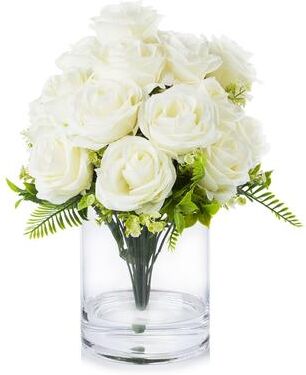 Enova Home Artificial 18 Heads Silk Roses Fake Flowers in Clear Glass Vase with Faux Water for Home Decoration