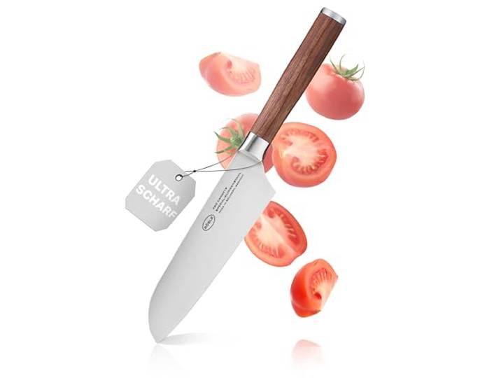 RÖSLE Santokumesser Masterclass 17 cm - Hochwertiges Küchenmesser zum feinen Schneiden von Fleisch, Fisch und Gemüse, Klingenstahl, ein scharfes Schneidemesser mit ergonomischem Griff aus Walnussholz