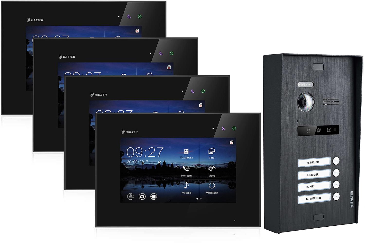 Aufputz Videosprechanlage BALTER EVO 2-Draht BUS für 4-Familienhaus mit 4x7" Monitoren Schwarz Schwarz