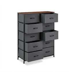 Relaxdays Kommode, 120x85,5x30 cm, Metall, Holzoptik, 10 Stoff-Schubladen, Ablage, moderne Beistellkommode, mehrfarbig