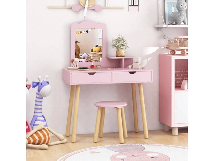 GOPLUS Coiffeuse pour Enfants avec Tabouret Table de Maquillage et Table d'Écriture 2 en 1 avec Miroir Amovible 2 Tiroirs Blanc
