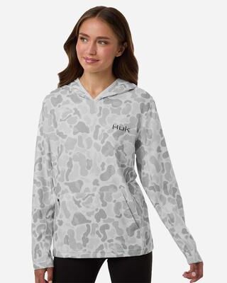HUK H6130037 Women's Coldfront+ KC Print Hooded Sweatshirt in White size Medium   Polyester/Spandex Blend