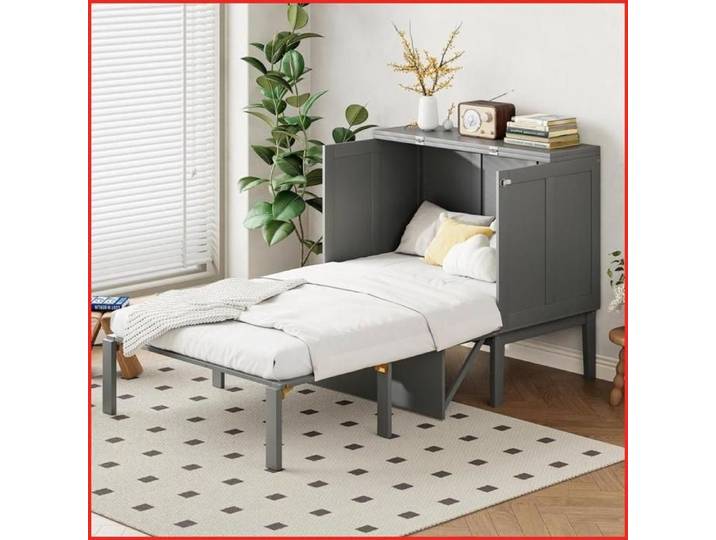 Lit-Meuble Rabattable Vertical 90x200 cm - Lattes de Support - Lit Adolescent - Gris
