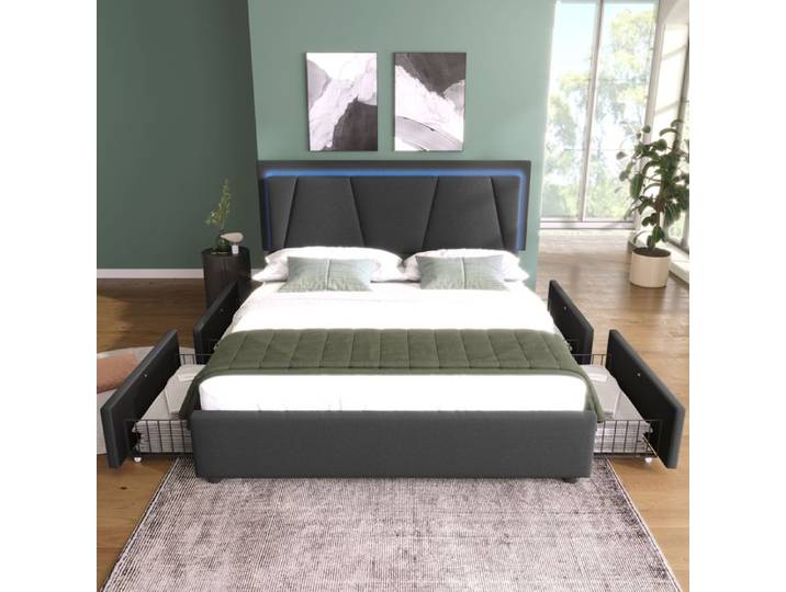 Lit double - KOMHTOM - 160x200 - LED intégrée - 4 tiroirs - Tête réglable