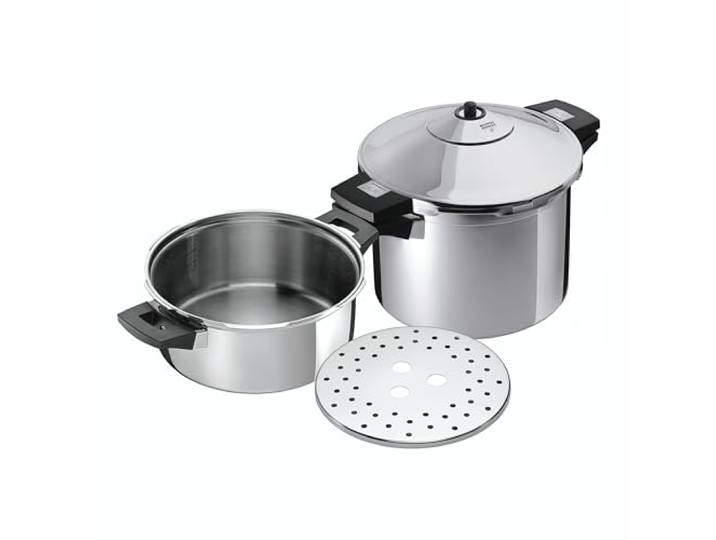 KUHN RIKON Schnellkochtopf/Dampfkochtopf DUROMATIC Inox Set Seitengriffmodelle, induktion, Edelstahl, Silber, Set Topf 8L/24cm + Unterteil 4L/24cm