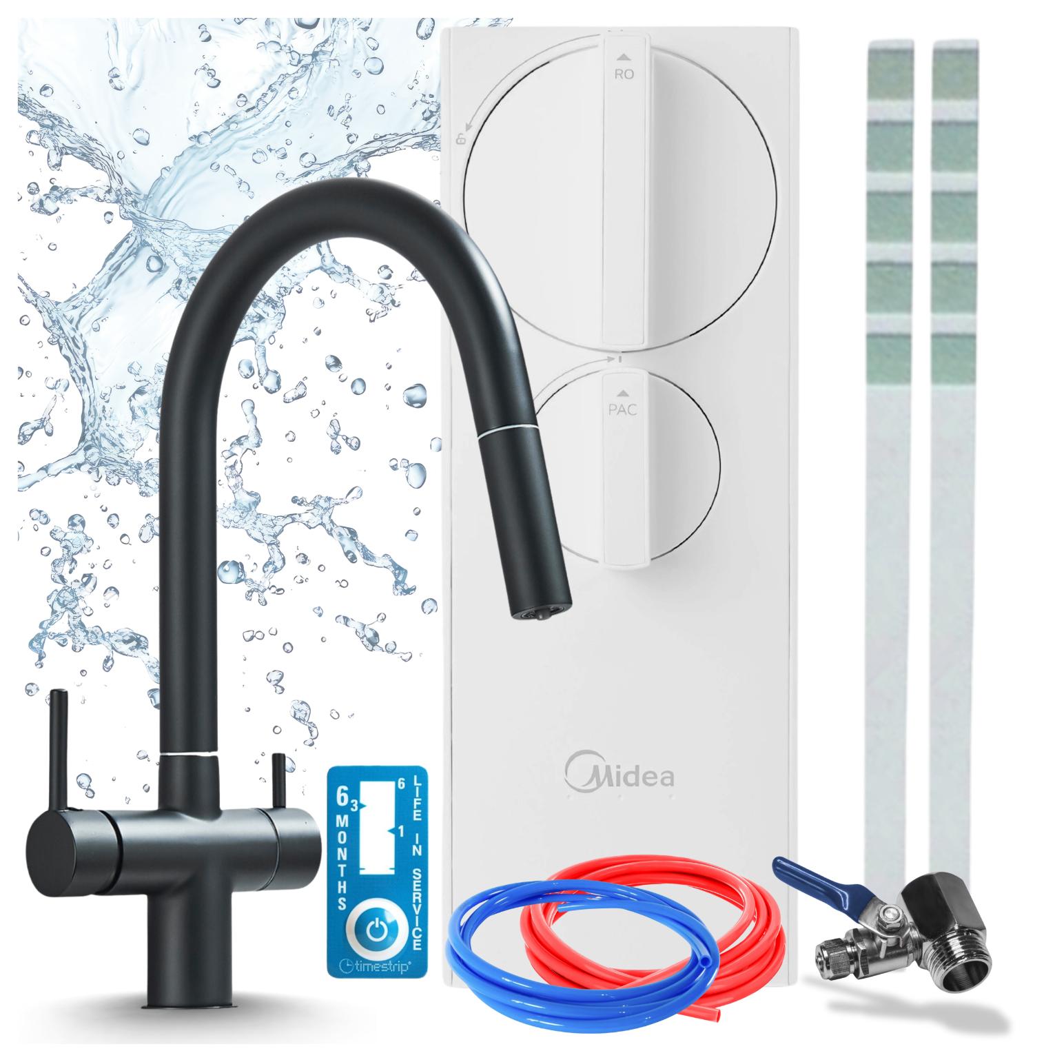 Küchenarmatur Mit Wasserfiltersystem Ari Slender Ro5 Umkehrosmose 400 Gpd, Messing, Keramikkartusche, Perlator, Zweigriffarmatur, Schwarz Matt