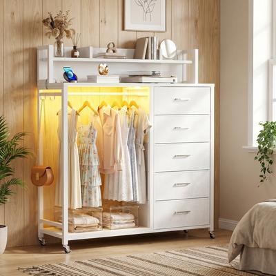 Rackcog Rolling Dresser with Charging Station & LED Lights, Kid's Closet Organizer with Fabric Drawers for Nursery