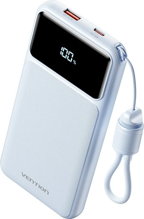 Vention 10 000 mAh Power Bank (USB-C + USB-A) with Built-in Cable 22,5 W Blue LED Display Type