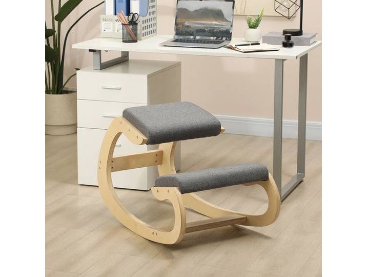 Tabouret à genoux ergonomique basculant en bois et tissu gris pour bureau à domicile