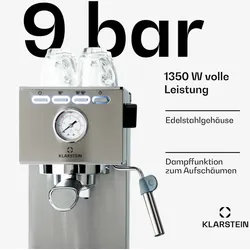 Klarstein Pausa Espressomaker 1350 Watt 20 Bar Druck Wassertank: 1,4 Liter Edelstahl Silber-Metallic