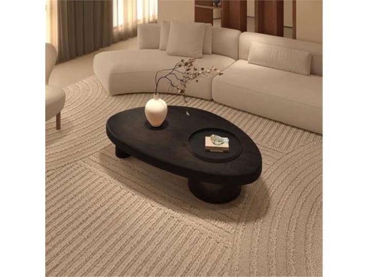 KOGTYB Abstract Irregular Coffee Table with Storage, Retro Wooden Center Table with 3 Legs, Special Farmhouse Coffee Table for Living Room(Black,80*60*34cm)