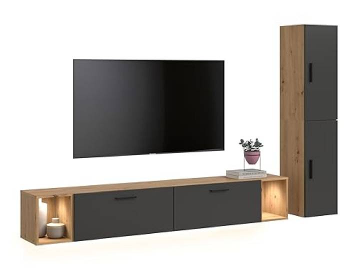 xonox.home – Wohnkombination inkl. Beleuchtung The One 259x182x34 cm in Artisan/Basalt – Wand mit 2 Türen, 2 Klappen & LED – 10 Fächer schaffen viel Platz & EIN gemütliches Licht im Wohnraum