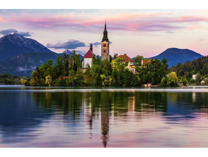 Fototapete PAPERMOON BASILIKA SANTA MARIA-SEE GEBIRGE SLOWENIEN INSEL BERGE , bunt, B:3m L:2,23m, Vlies, Tapeten, Fototapete