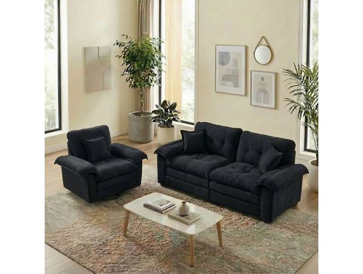 Set de canapés 2 pièces noir en chenille avec assises profondes