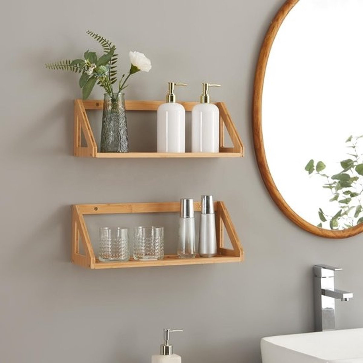 Set van 2 Zwevende Wandplanken van Bamboe voor Badkamer, Keuken of Woonkamer