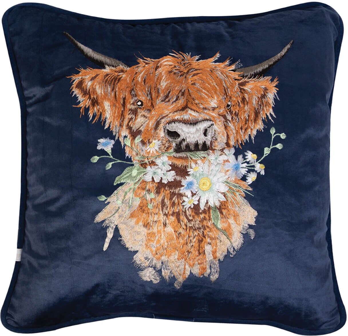 Wrendale Designs by Hannah Dale Embroidered Cushion - Daisy Coo - Highland Cow