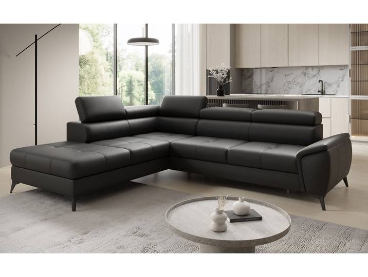 Designer Ecksofa Aveline mit Schlaffunktion und Stauraum in Echtleder - Schwarz - Links - Luxusbetten24