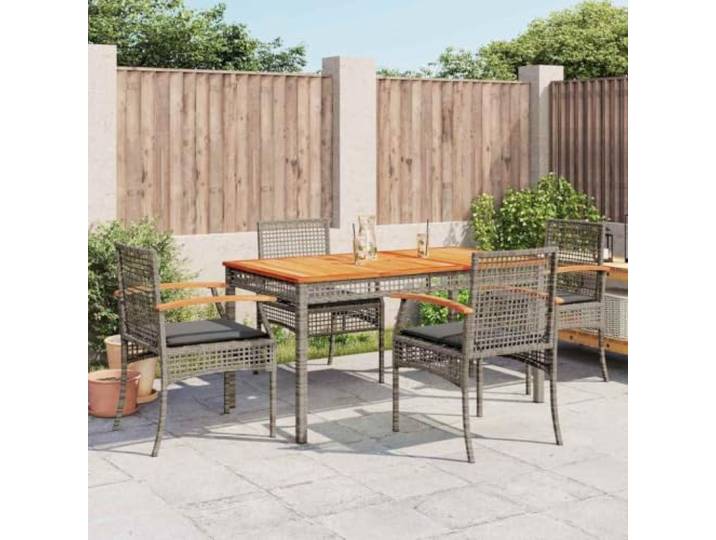 HEFZGDB 5-TLG. Garten-Essgruppe mit Kissen Grau Poly Rattan, Outdoor Esstischgruppe mit Akazienholz Tischplatte und Polsterkissen, Langlebige PE Rattan Gartenmöbel für Terrasse,