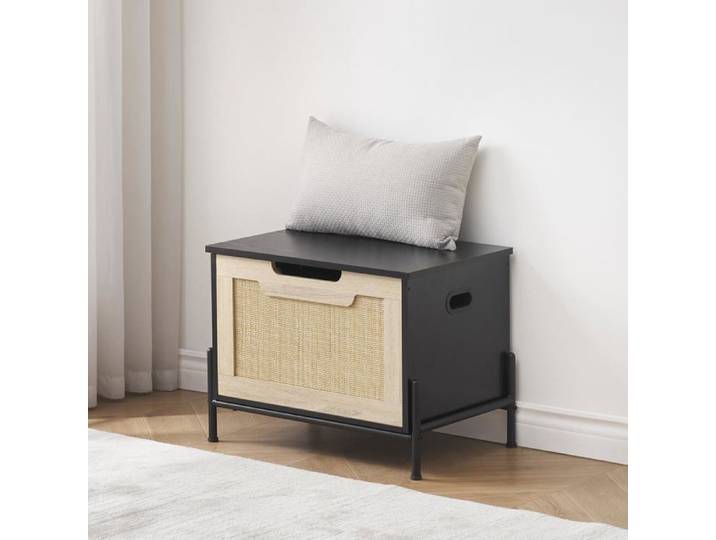 Banc à chaussures en rotin - LUNSY - 60x40x46 cm - Noir - Rangement multifonction - Siège confortable