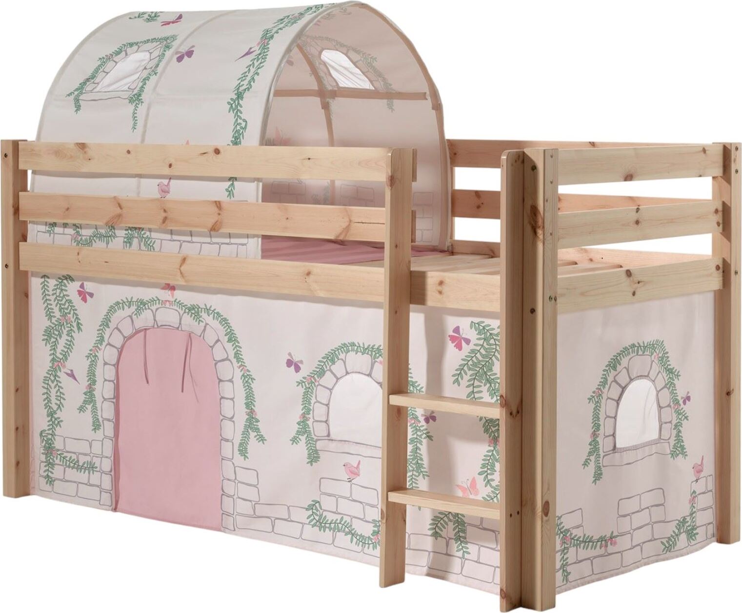 Kinderbett Karolina 210x114x106 Massivholz Natur Textilset Burg 2