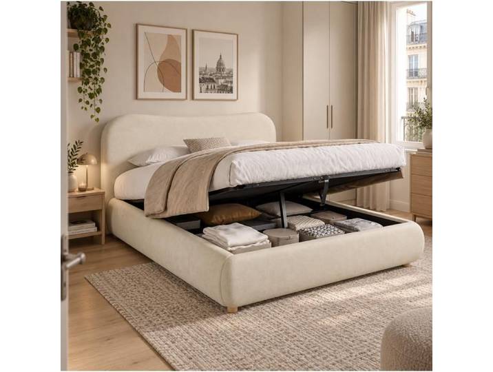ROVRYN Lit coffre double 160 x 200 cm hydraulique sommier inclus tête de lit chenille beige