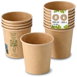 BIOZOYG 250 Stück Einwegbecher 100ml / 4oz Pappbecher, Kaffeebecher, ungebleicht, ökologisch, kompostierbar, umweltschonend für Espresso