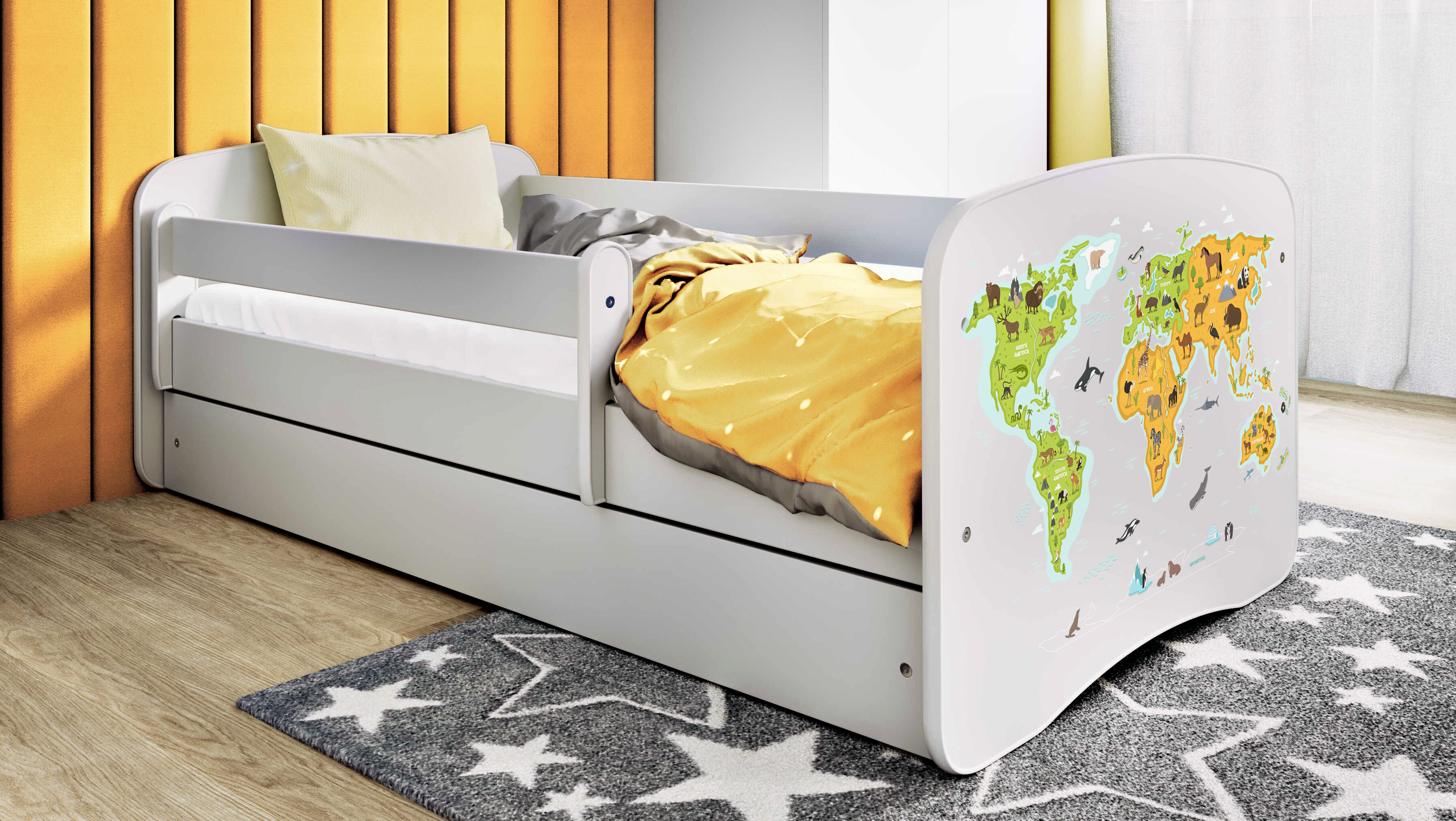 Kinderbett Jugendbett Karte 70x140, 80x160, 80x180 cm - Komplettset mit Matratze, Schublade & Rausfallschutz