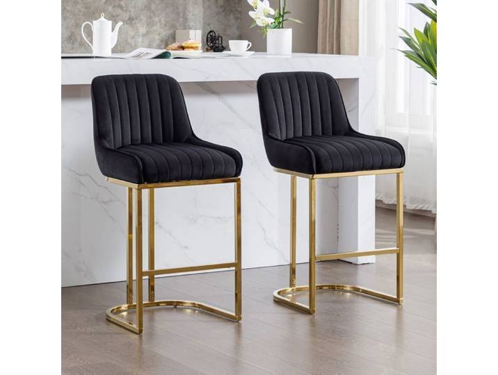 Wahson Chaise de Bar en Velours Chaise Bar Pied Doré Tabouret Bar Lot de 2 Tabouret de Bar avec Coussin Épais Noir