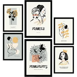 POSTER Set Mit 6 In Schwarzer Tinte Weiblichkeit Kunstdrucke Im Skizzenstil Für Innenarchitektur A3 & A4 Schwarzer Rahmen