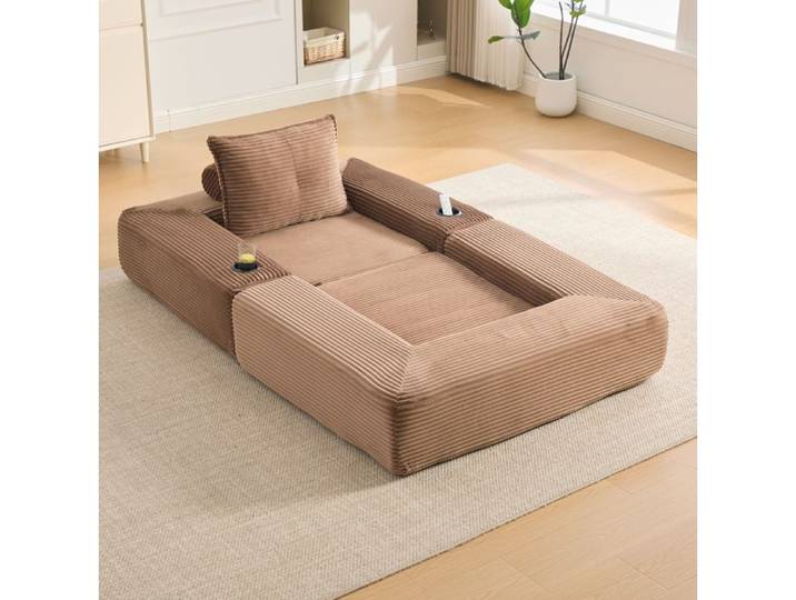 MEUVYX Canapé Convertible 1 Place avec Poches Porte Gobelets et Accoudoirs Amovibles en Velours Côtelé Marron