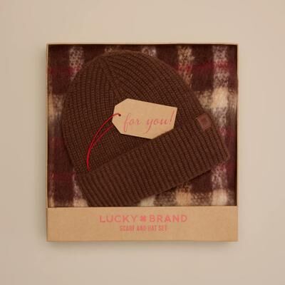 Lucky Brand Scarf And Hat Box Set - Women's Accessories Hat in Dark Brown, Size OneSize