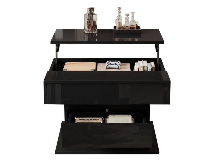 Flieks Couchtisch 70x70 Hochglanz Drehbar 1 Schublade Schwarz, 70x45x70 cm, Wohnzimmer, Wohnzimmertische, Couchtische