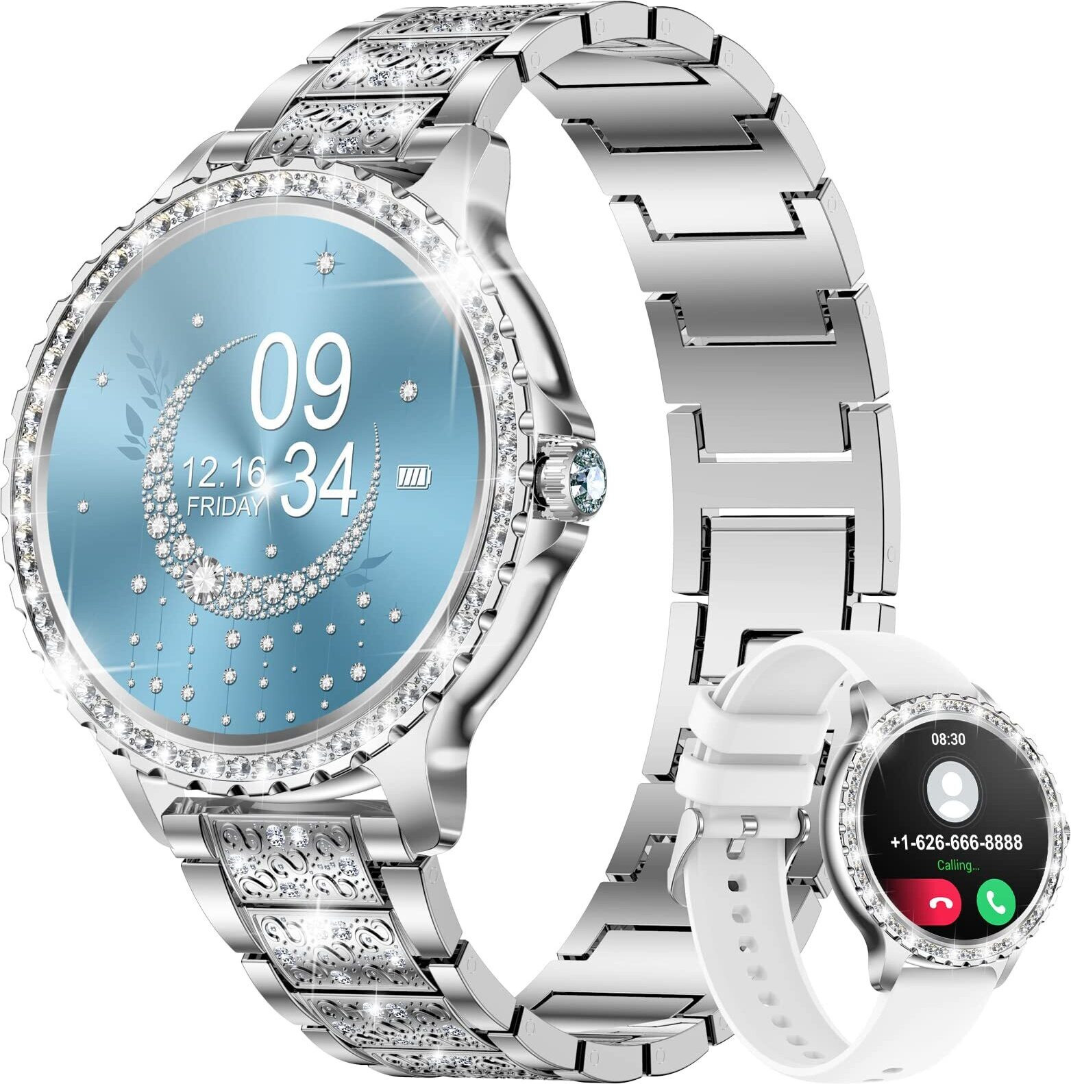 Mc Star Smartwatch voor dames met telefoonfunctie, 20 sportmodi, hartslagmeter en menstruatiecyclus monitor, zilver