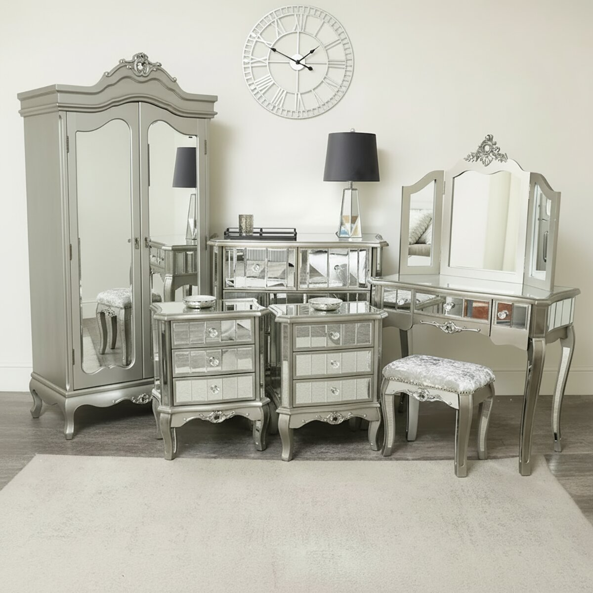 Silver Mirrored Double Wardrobe, Chest of Drawers, Dressing Table Set & 3 Drawer Bedside Tables - Tiffany Range Glass, Wood